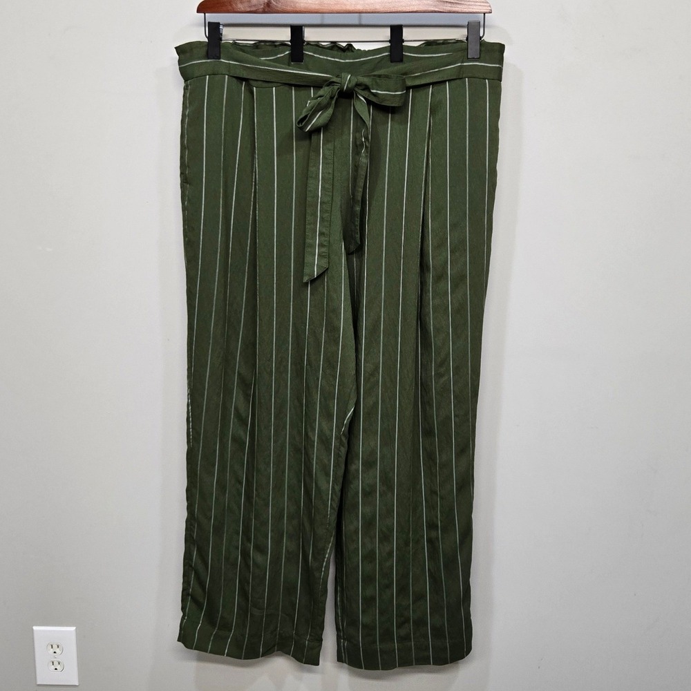 Vince Wide Leg Striped Trousers Women 3X Green Pinstripe Paperbag Waist Belted